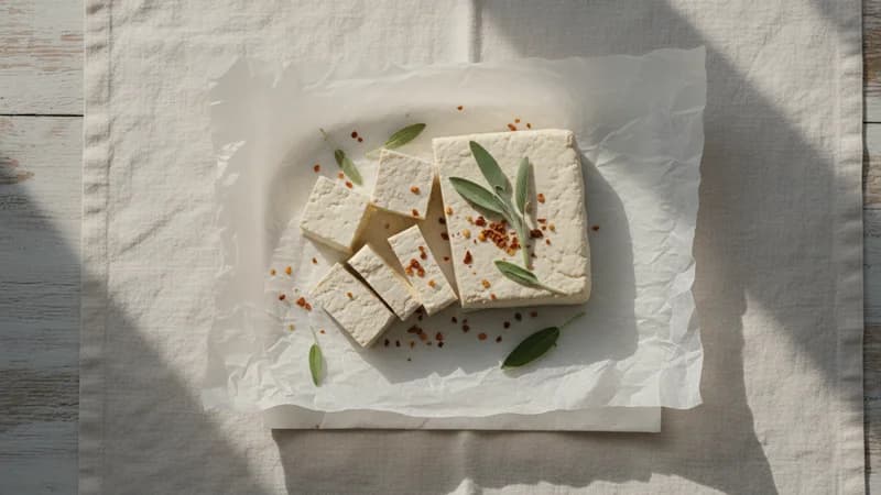 Tofu (Soya Paneer) — whole and prepared form, top-down still life