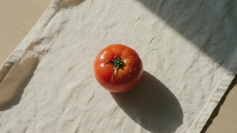 Tomato (Raktaphala) — whole and prepared form, top-down still life