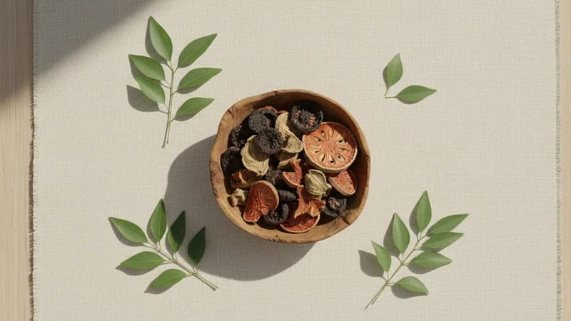 Triphala (Triphala) — whole and prepared form, top-down still life
