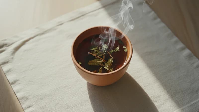 Tulsi Tea (Tulasi Chaya) — whole and prepared form, top-down still life