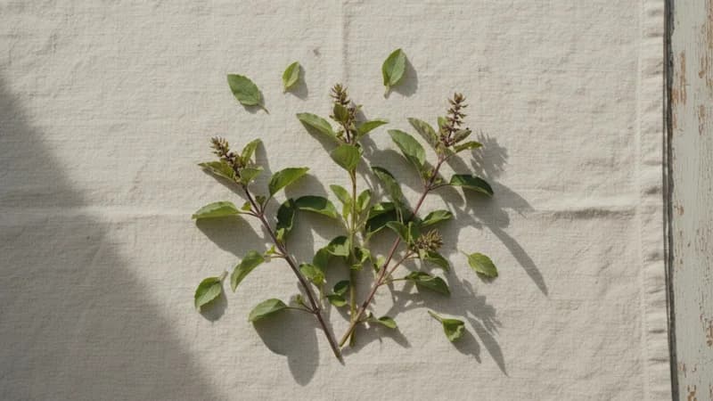 Tulsi (Holy Basil) (Tulasi) — whole and prepared form, top-down still life
