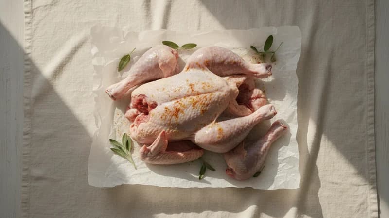 Turkey (Turki Pakshi) — whole and prepared form, top-down still life