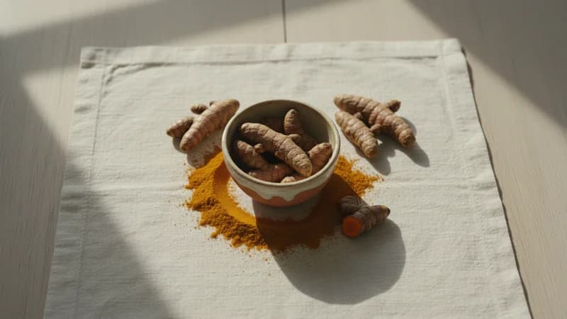 Turmeric (Haridra) — whole and prepared form, top-down still life