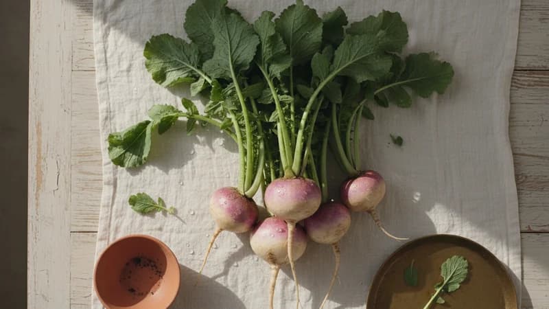 Turnip (Shalgam) — whole and prepared form, top-down still life