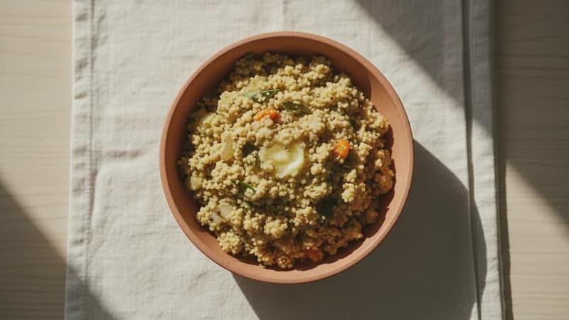 Upma (Uppuma) — whole and prepared form, top-down still life