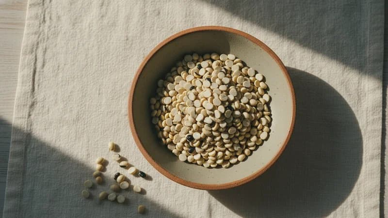 Urad Dal (Masha) — whole and prepared form, top-down still life