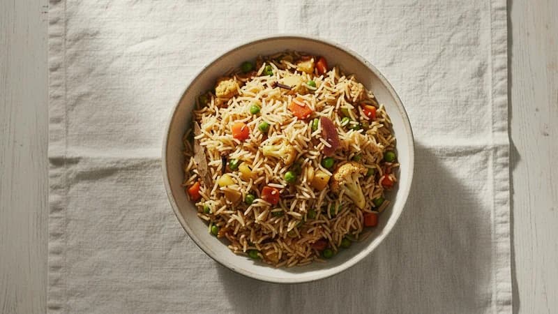 Vegetable Pulao (Shaka Pulaka) — whole and prepared form, top-down still life