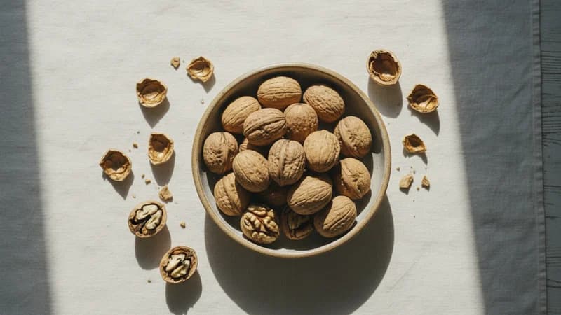 Walnuts (Akshota) — whole and prepared form, top-down still life