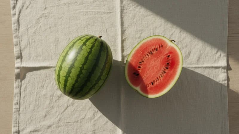 Watermelon (Kalinda) — whole and prepared form, top-down still life