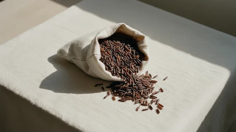 Wild Rice (Vanya Shali) — whole and prepared form, top-down still life