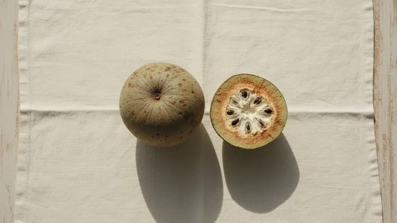 Wood Apple (Bael) (Bilva) — whole and prepared form, top-down still life