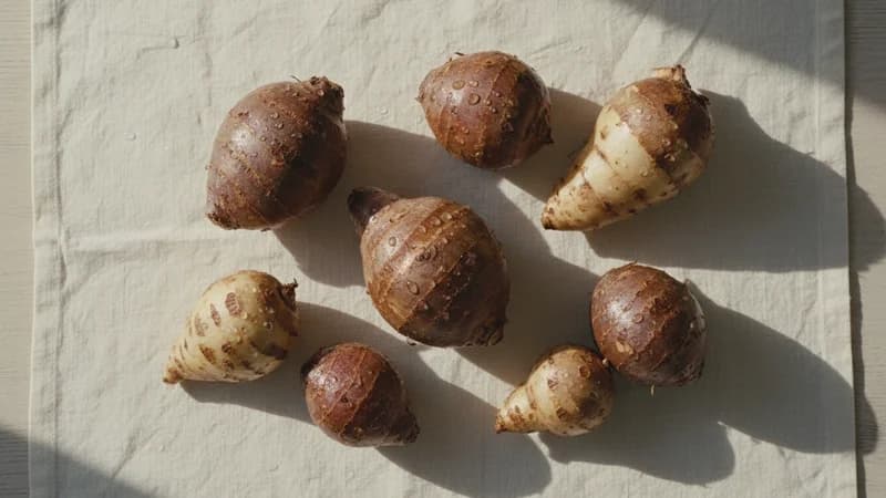 Yam (Surana) — whole and prepared form, top-down still life