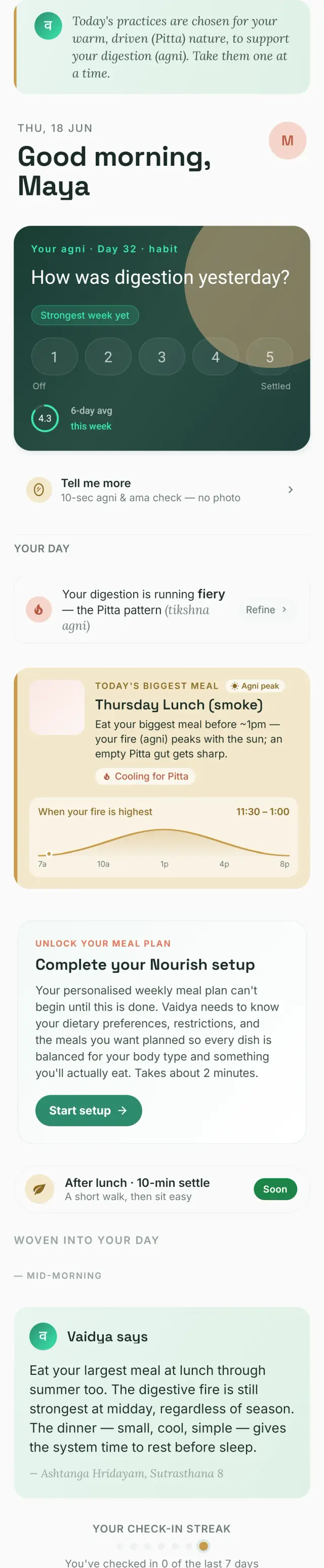 The InnerVeda Today screen for digestion — an agni check-in and meals timed to your digestive fire