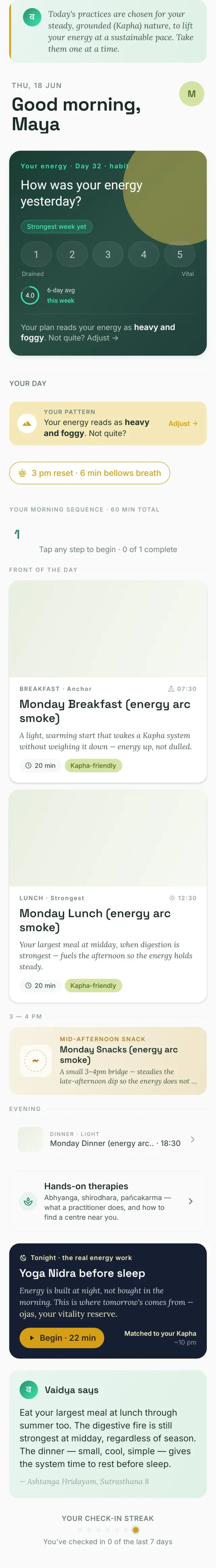 The InnerVeda Today screen for energy — a check-in and steady-energy practices, built around your body type