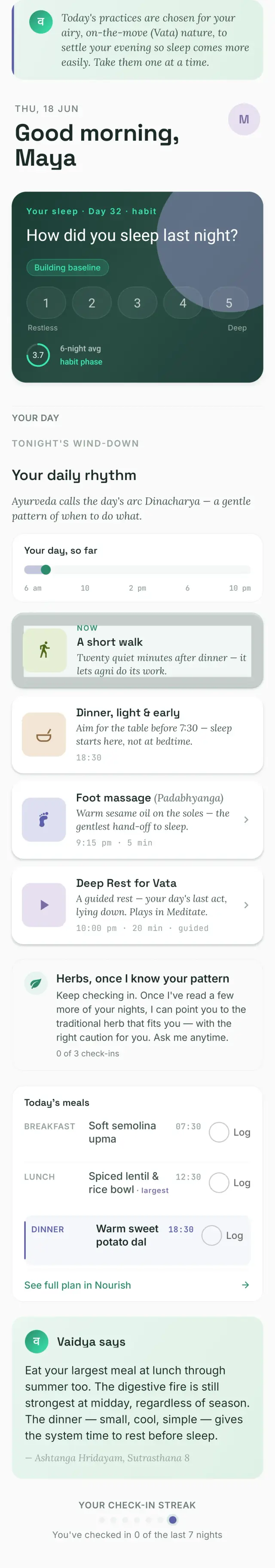 The InnerVeda Today screen for sleep — wind-down practices and check-ins, built around your body type