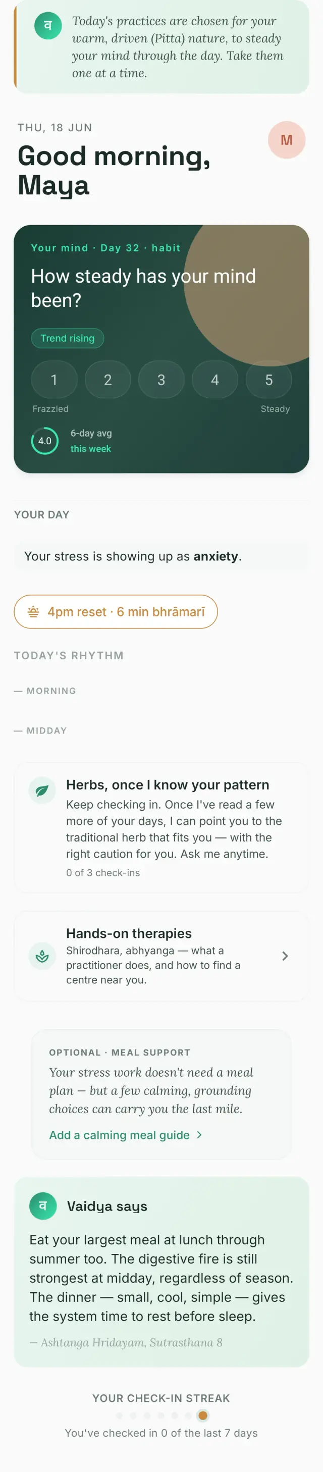 The InnerVeda Today screen for stress — a daily check-in and calming practices, built around your body type